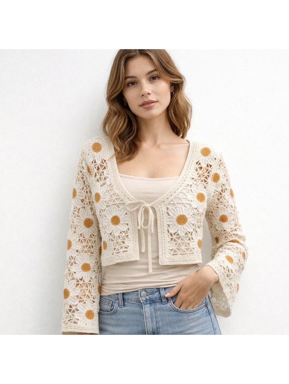 Moon & Madison grannycore crochet daisy bell sleeve crop tie front sweater l
